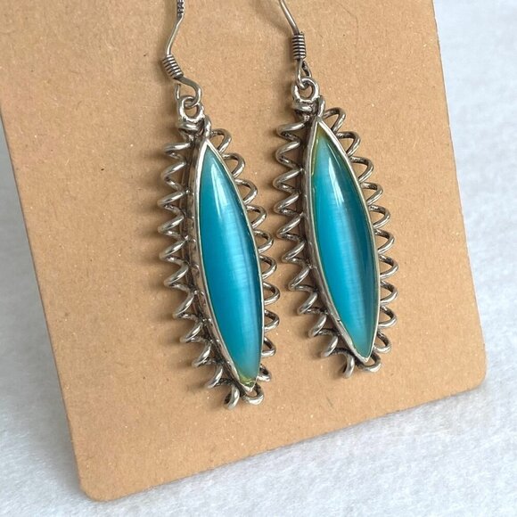 Sterling Silver 925 Marquise Turquoise Blue Cats Eye Spiral Dangle Earrings - Picture 12 of 16
